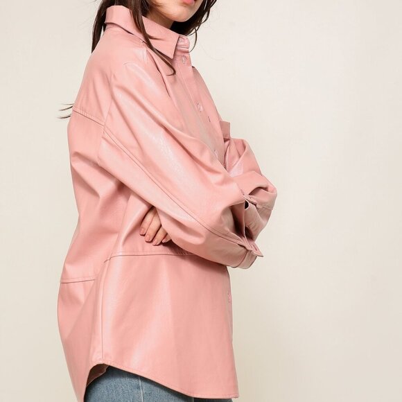 LUMIERE Pink Faux Leather Shacket, Oversized Button-Down Shirt Jacket, Fall L - Picture 3 of 5